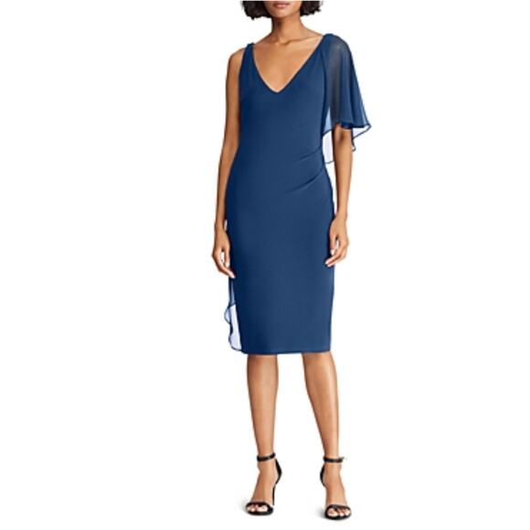 Ralph Lauren Ruffled Beaded Midi Sheath Cocktail Dress Blue Size 8 Draped V-Neck - Picture 11 of 13